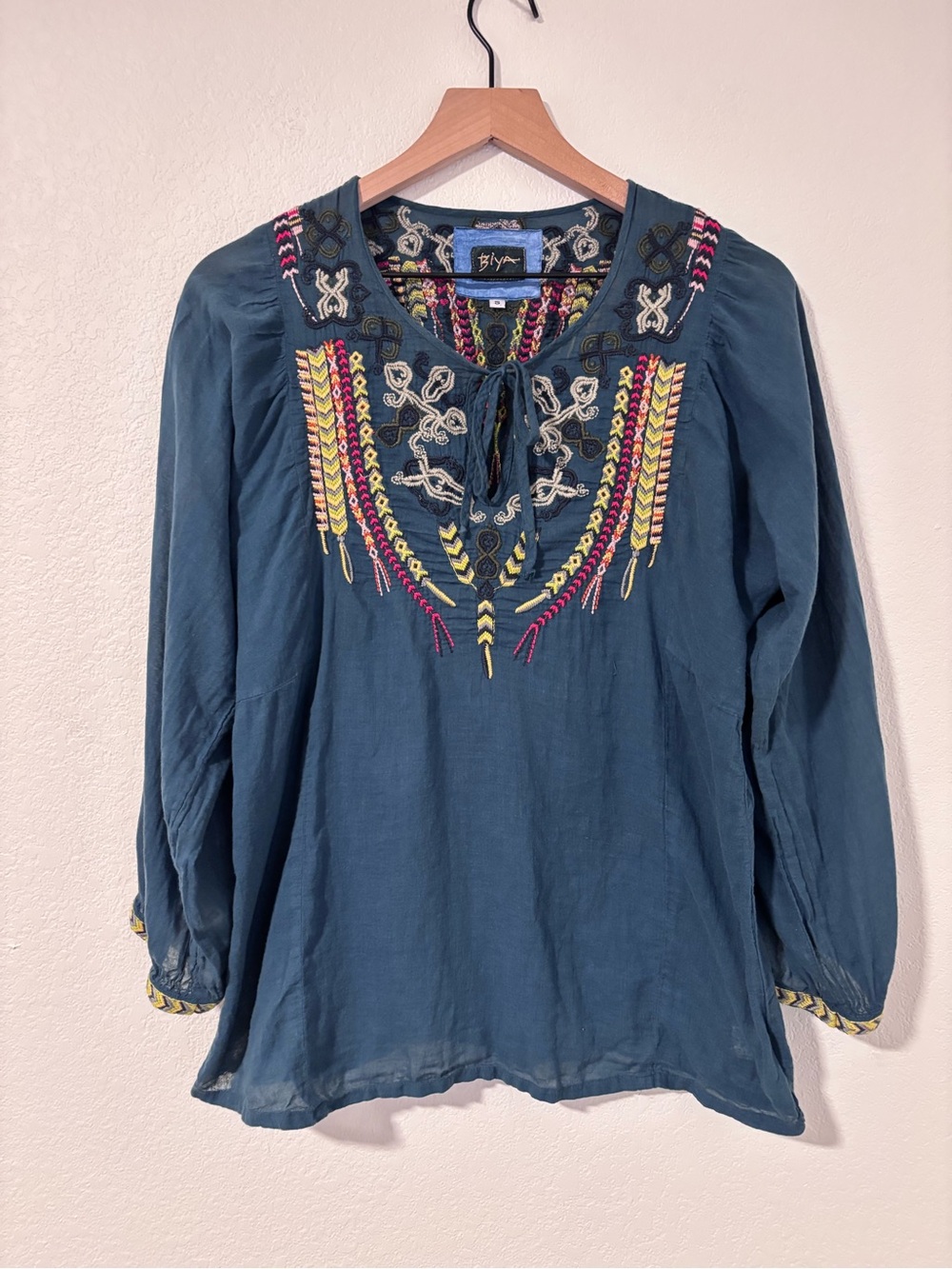 Biya by Johnny Was Blue Embroidered Peasant Blouse - Boho Long Sleeve Top Size S